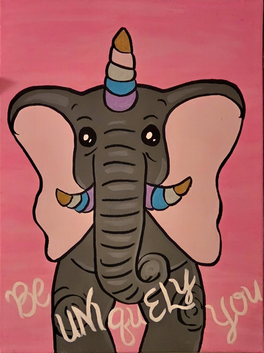Nail Nook mascot — a pink and gray elephant with a unicorn horn, painted with the words Be Uniquely You